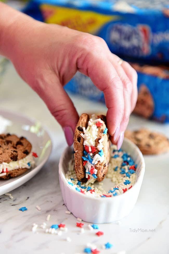 Easy Chocolate Chip Cookie Sandwich. Chips Ahoy Cookies, canned frosting and sprinkles are all you need for a quick fun party treat they will all love! Details at cetcu.com