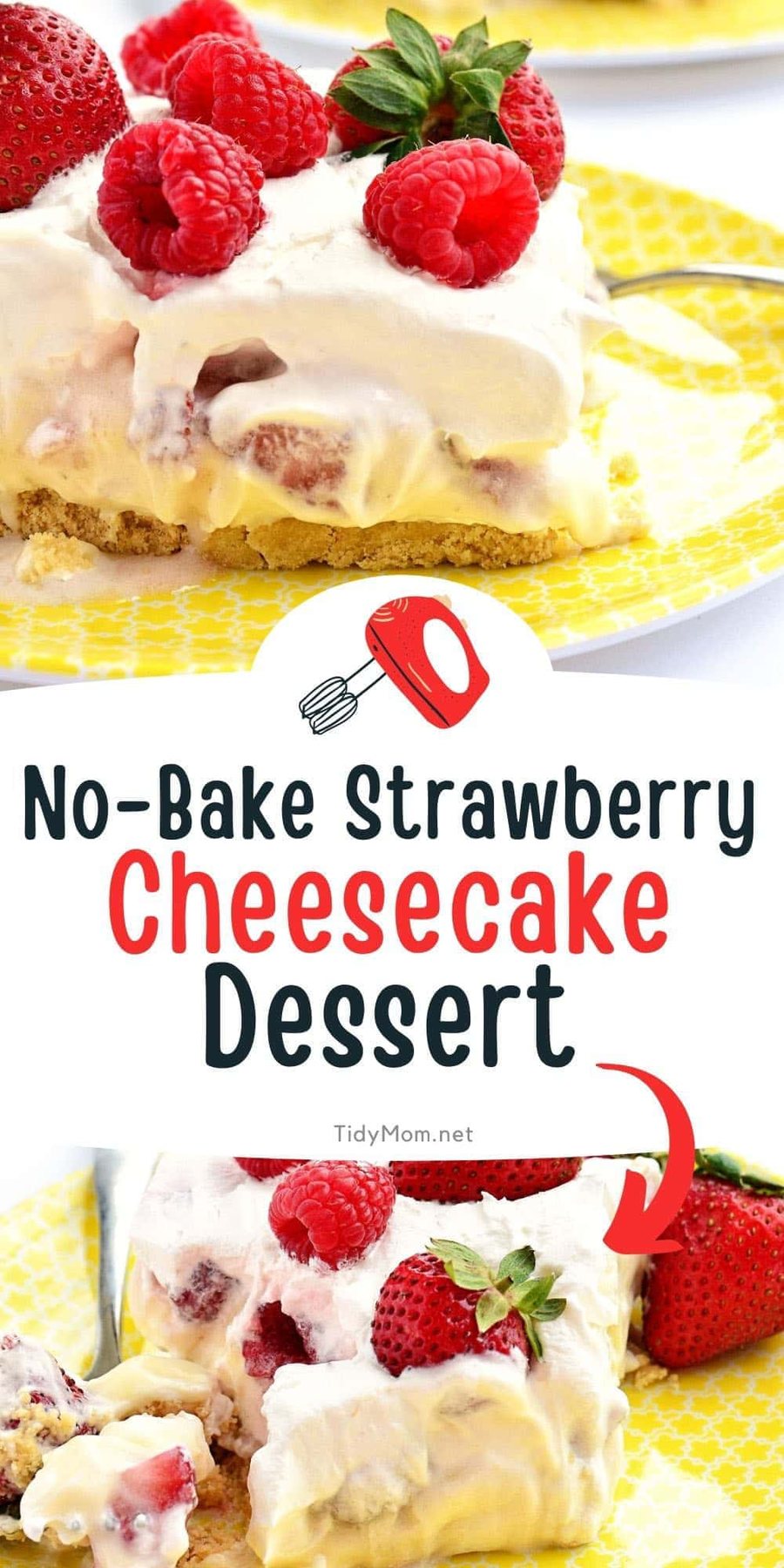 servings of no-bake strawberry cheesecake on a yellow plate