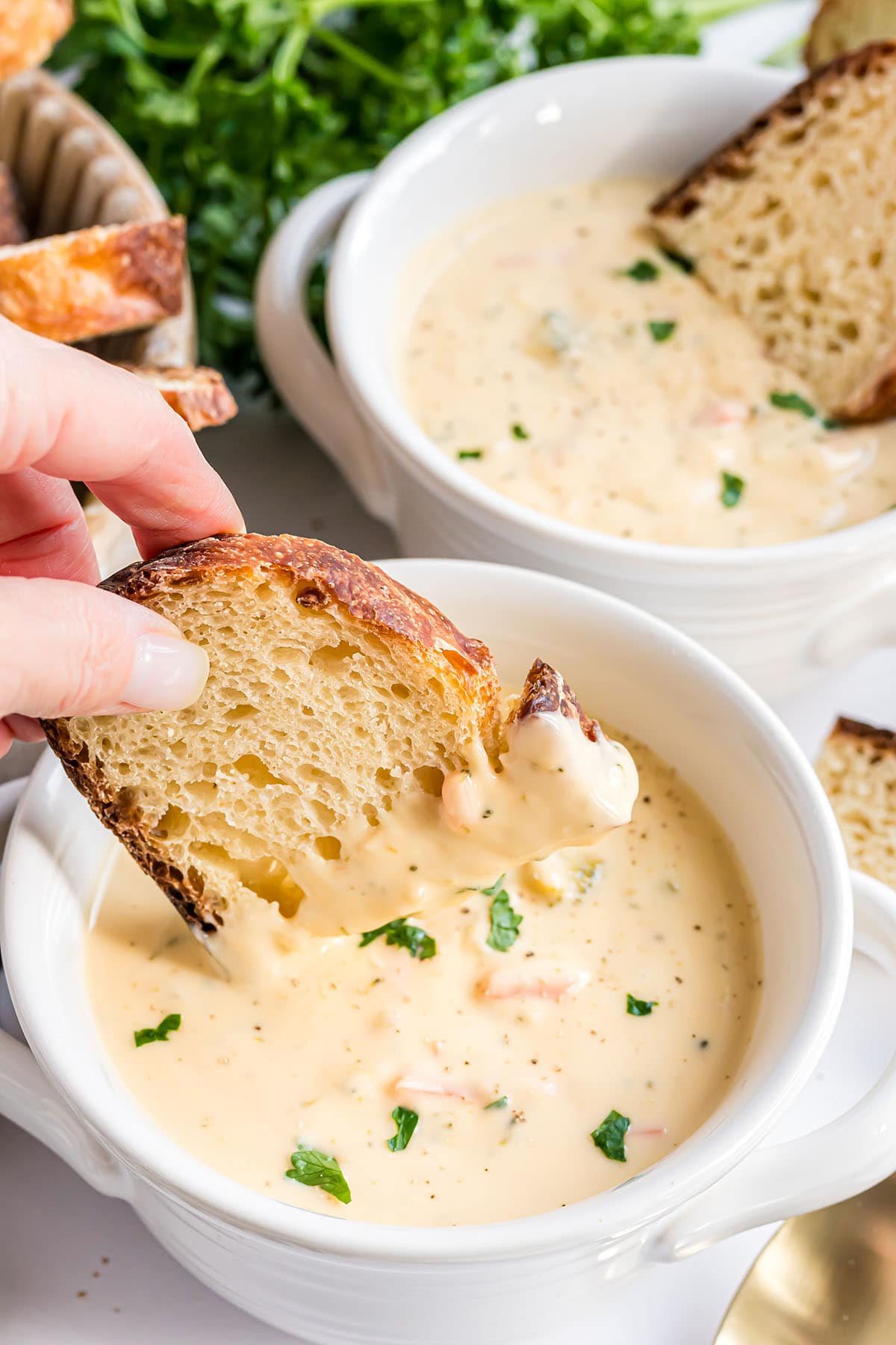 artisan bread dipped in soup
