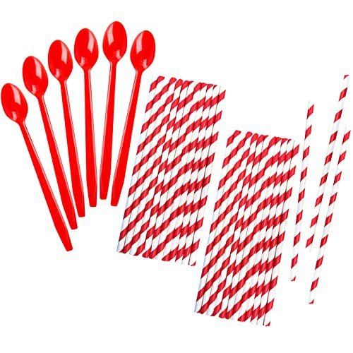 Red Plastic Sundae/Soda Spoons - 8 Inch - Red Paper Straws
