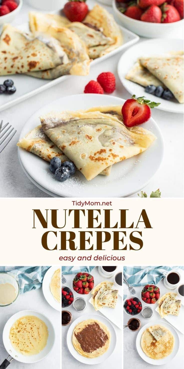 photo collage of making crepes in a pan