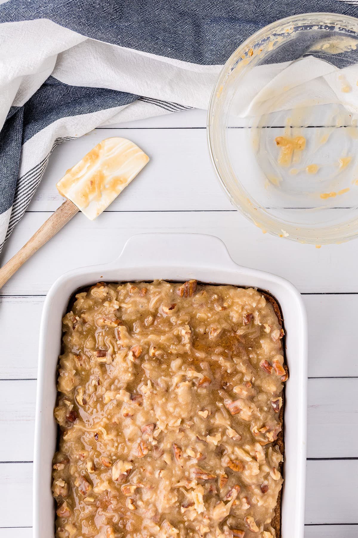 baked cake in a white pan