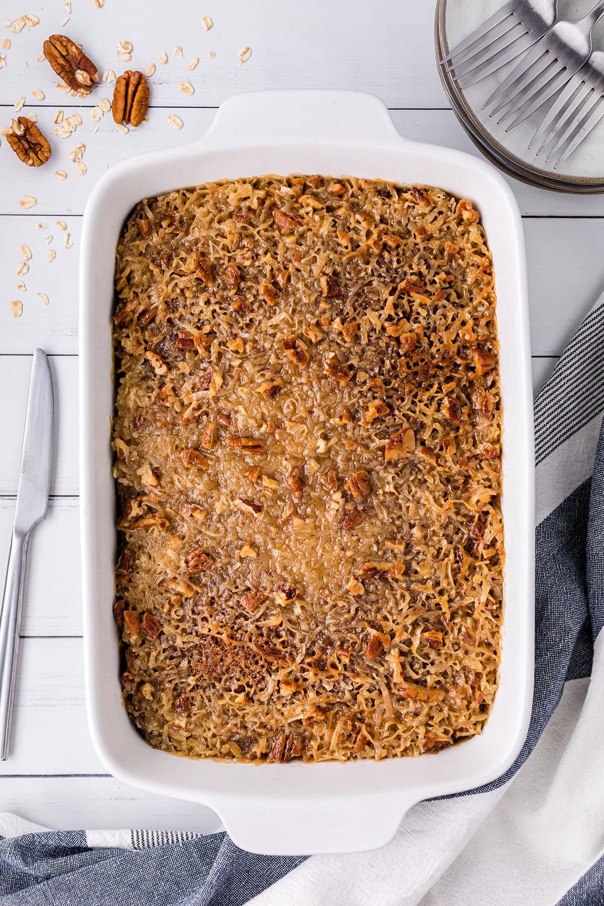 Oatmeal Cake in a white pan