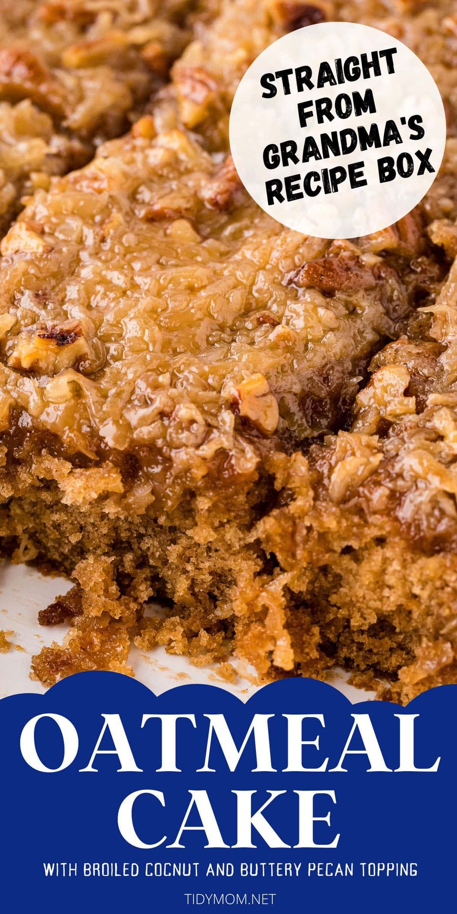close up of Old-fashioned Oatmeal Cake in a pan