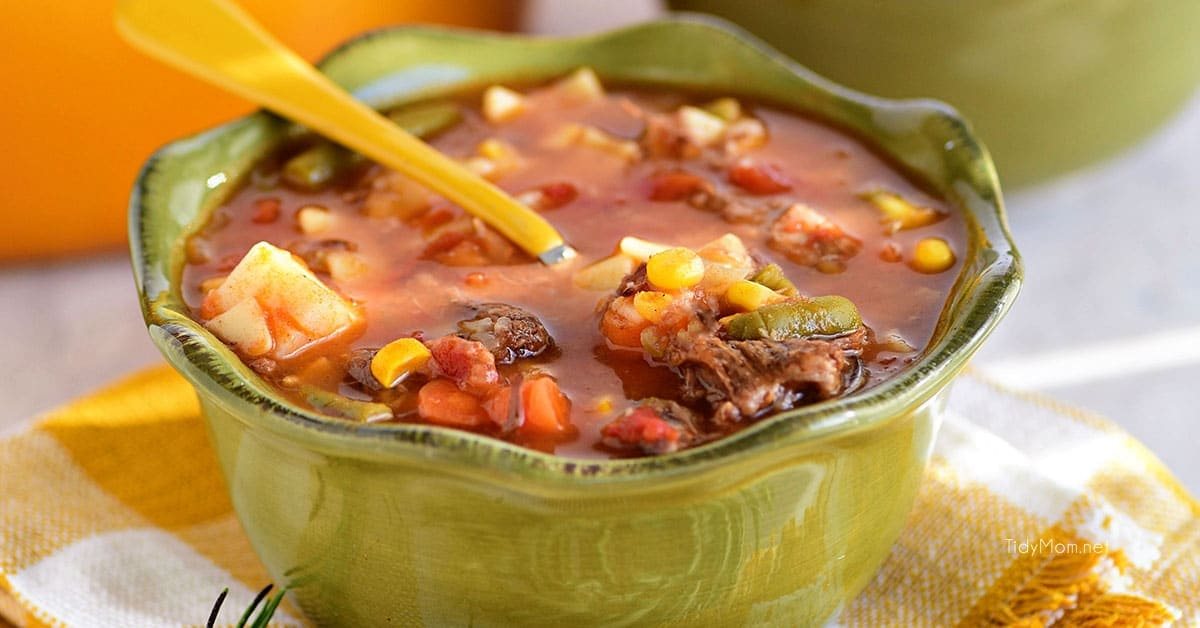 Bowl of Old Fashioned Vegetable Beef Soup like Grandma used to make.