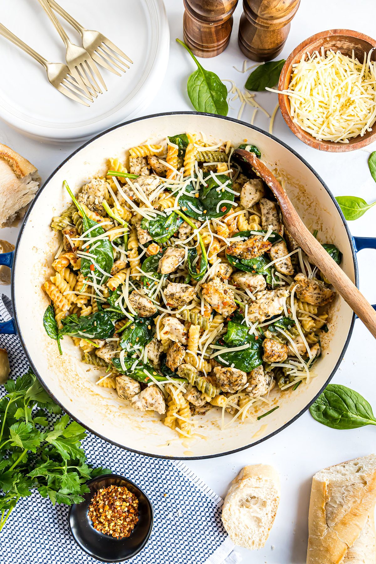 One pan creamy garlic chicken pasta plated