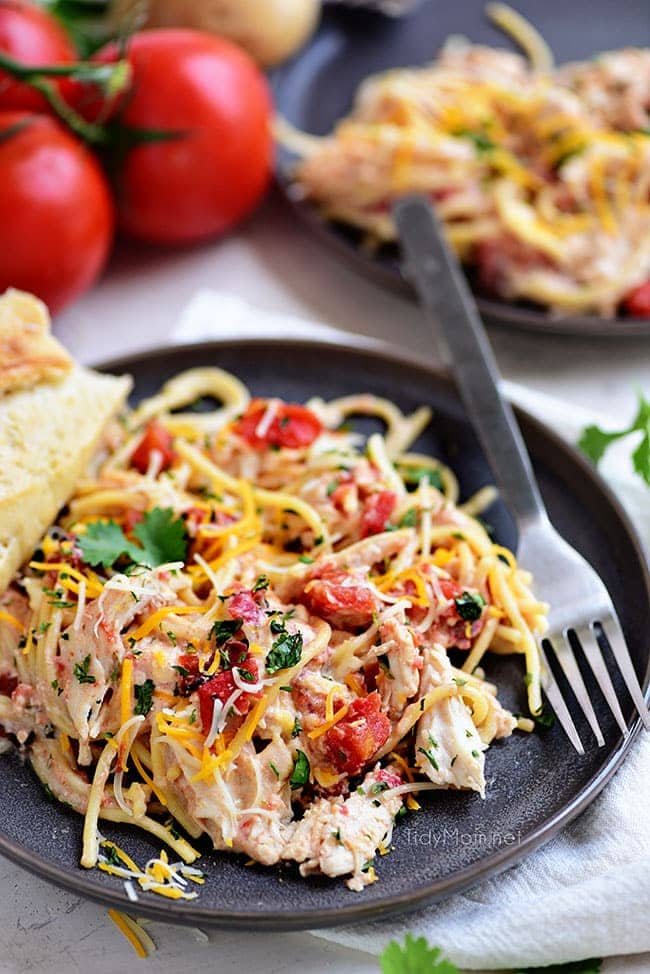 Creamy One-Pot Chicken Spaghetti on a plate with a fork