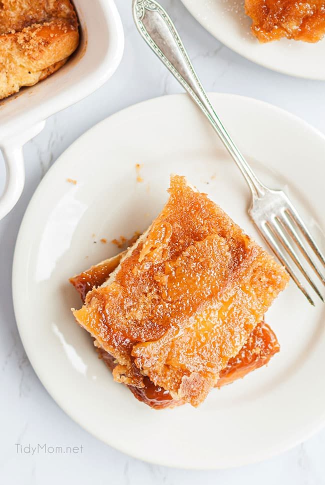 baked french toast on a plate with a fork