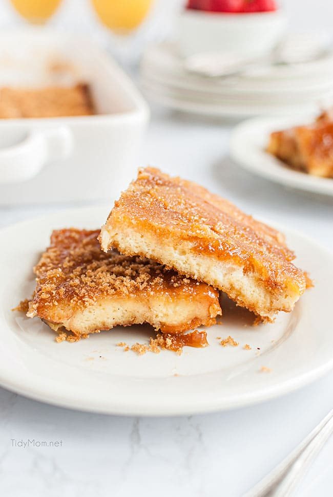 2 pieces of baked french toast on a white plate