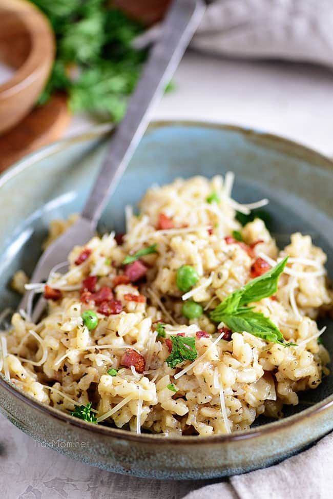 Easy Baked Parmesan Risotto in a bowl with a fork