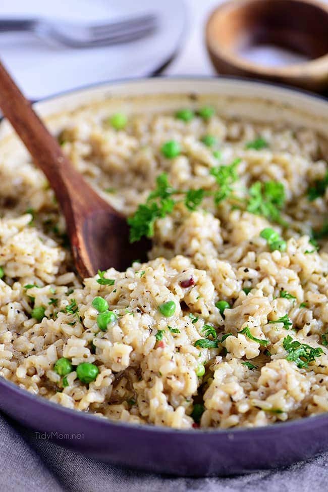 Easy Baked Parmesan Risotto in cast iron braiser