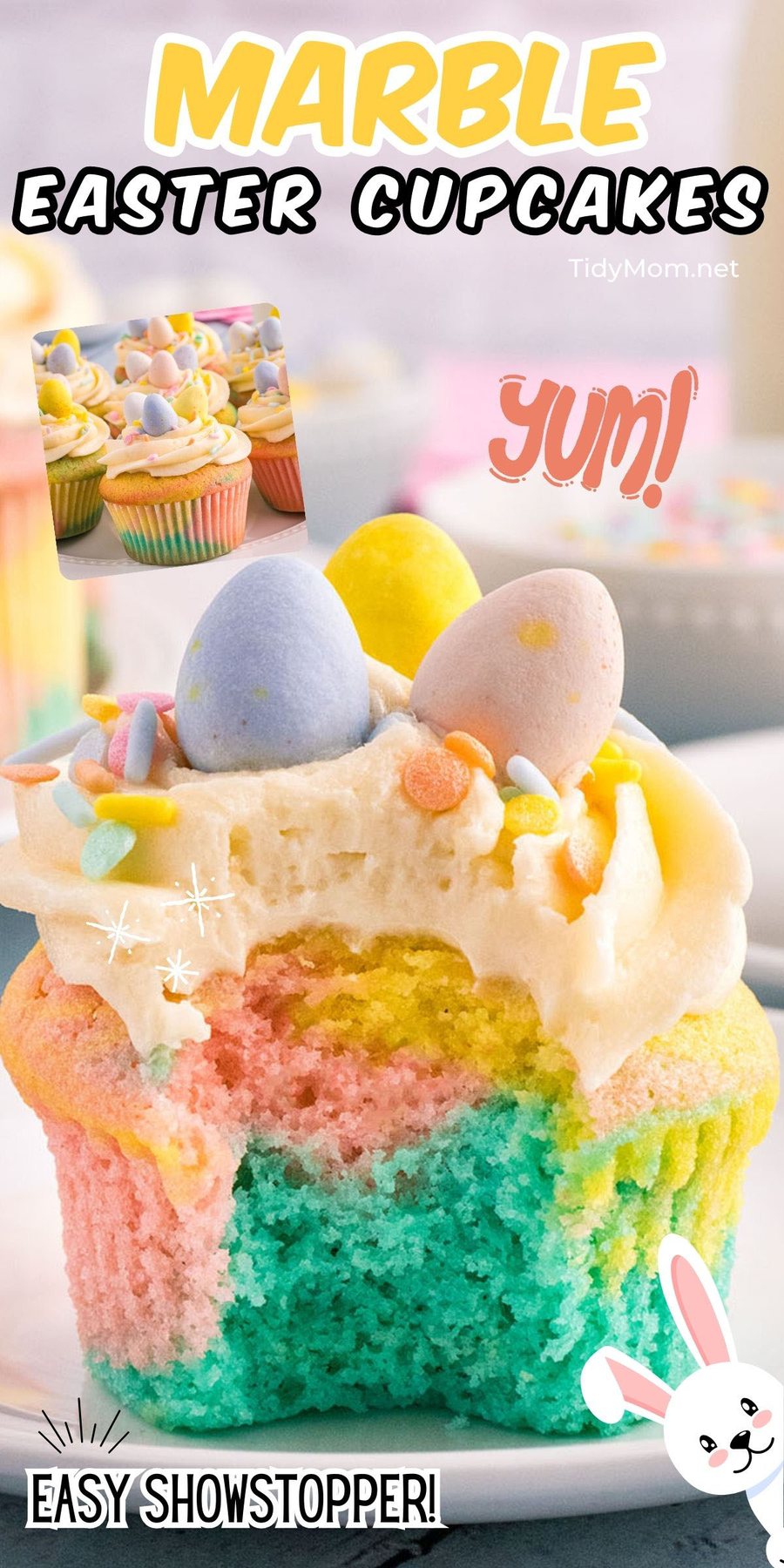 colorful cupcake with bite missing.