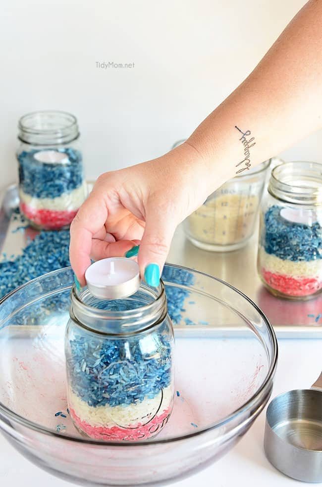 Patriotic Colored Rice Jar Candle centerpiece at cetcu.com