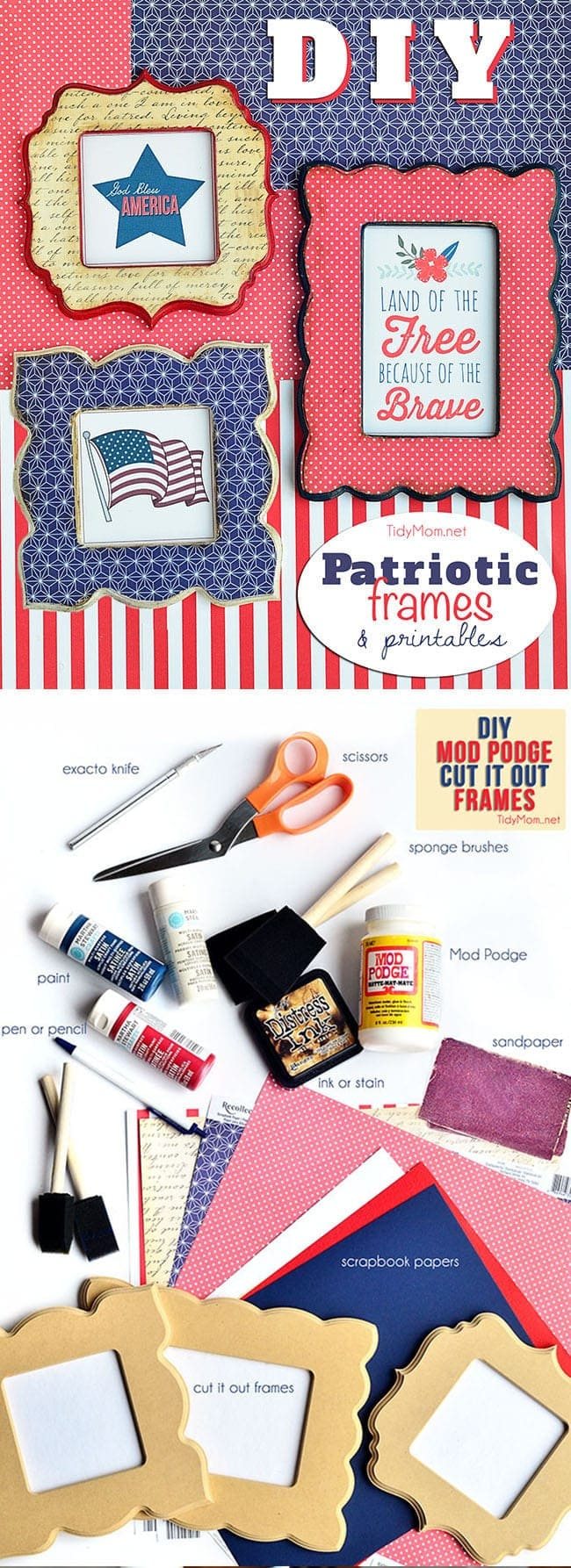 Make these fun patriotic frames with scrapbook paper, Mod Podge and unfinished wood frames. DIY Patriotic Frames Tutorial + FREE PATRIOTIC PRINTABLES to download at cetcu.com