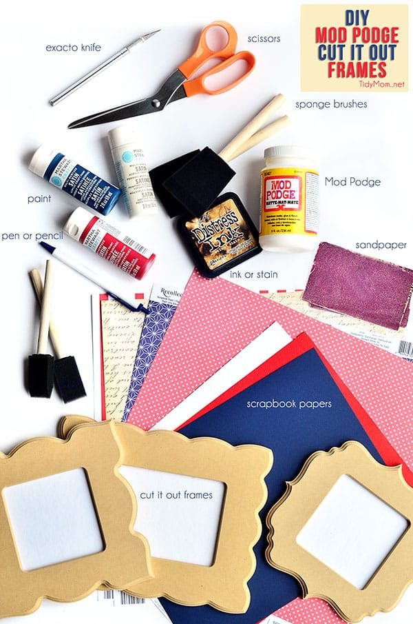 Supplies to make a mod podge cut it out frame. tutorial at cetcu.com