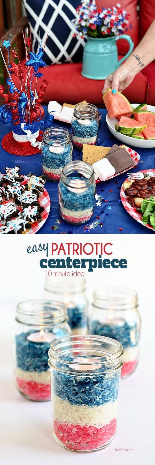 Easy Ten Minute Idea: Patriotic Colored Rice Jar Candle centerpiece at cetcu.com