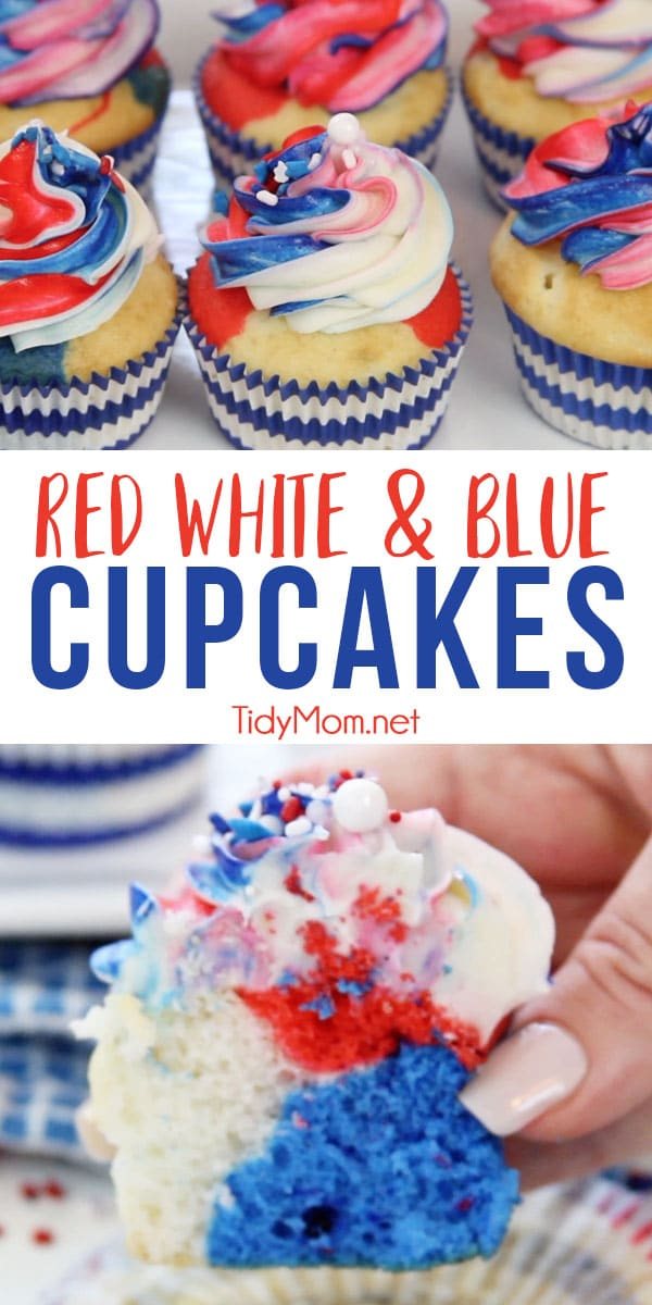 If you are looking for patriotic cupcakes for your next party, these Red White and Blue Cupcakes are sure to spark their attention and earn salutes at any Memorial Day and 4th of July celebrations. Step-by-step directions and recipe + video at cetcu.com #cupcakes #patriotic #redwhiteandblue