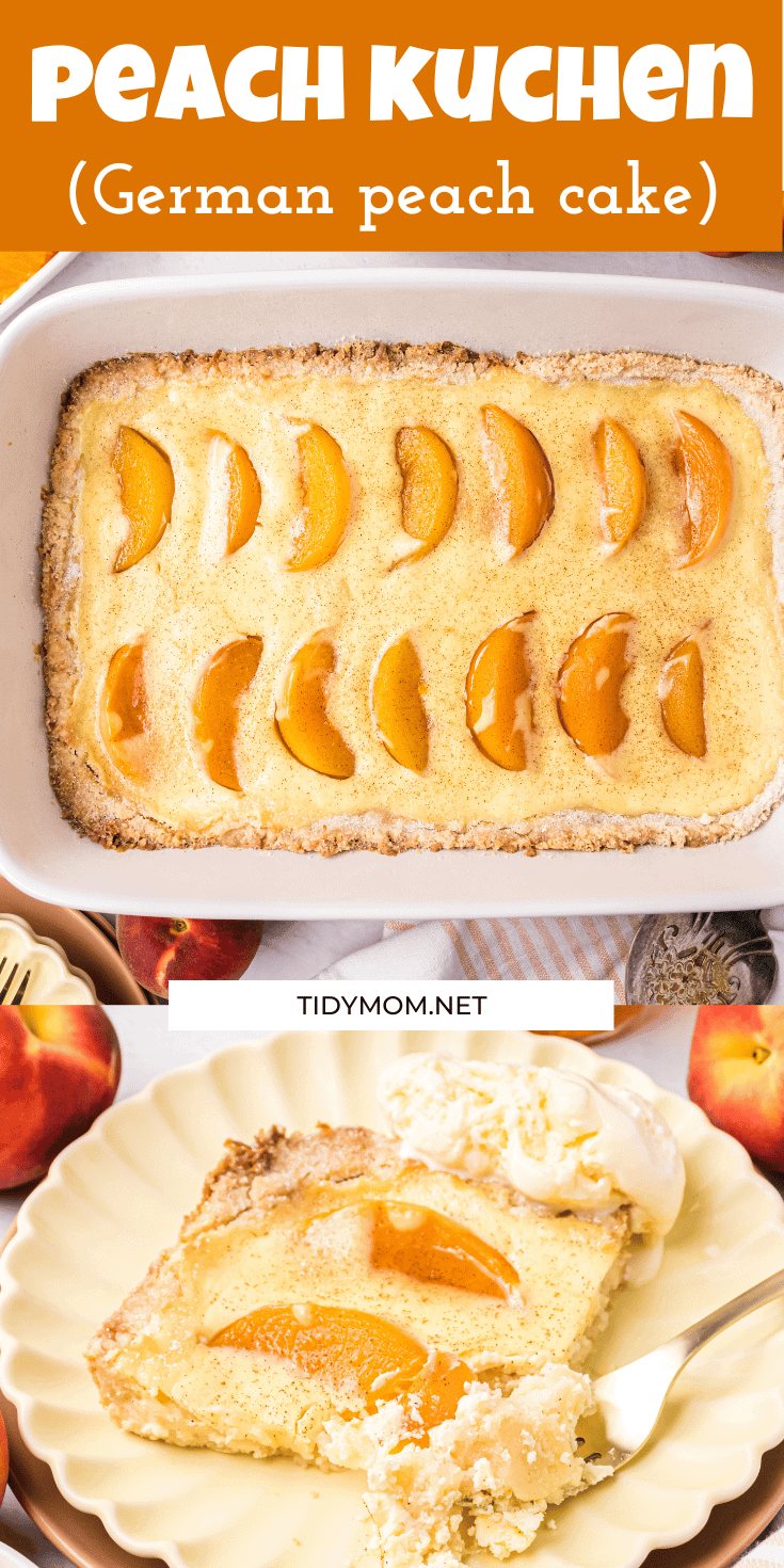 Warm peach kuchen dessert with ice cream