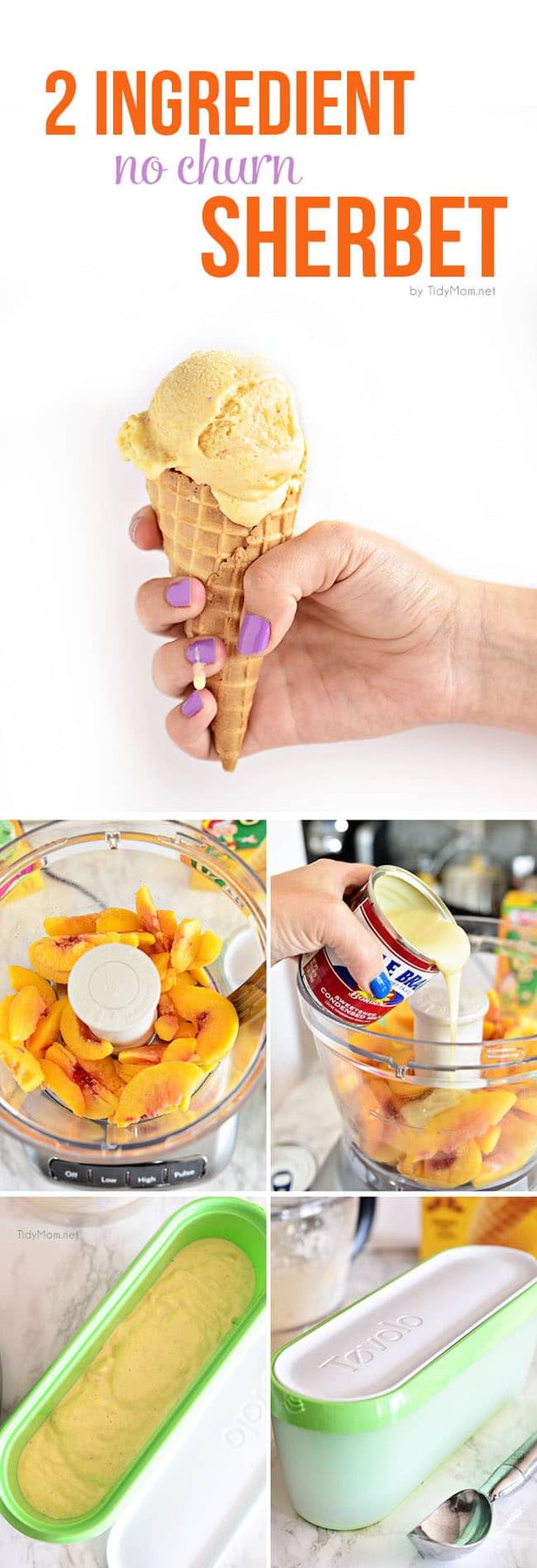 This creamy frozen treat is so easy to make, no churning, no machine and if you like soft serve, it’s ready to eat in 2 minutes!! 2 Ingredient Peach Sherbet recipe at cetcu.com —— make other varieties by using your favorite fruits!
