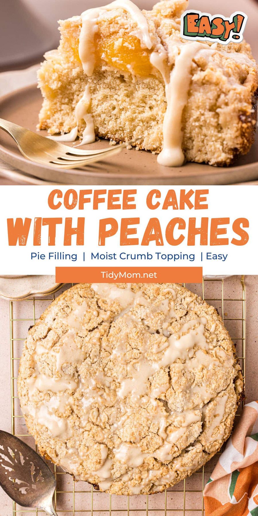 coffee cake photo collage with whole cake and a slice of cake