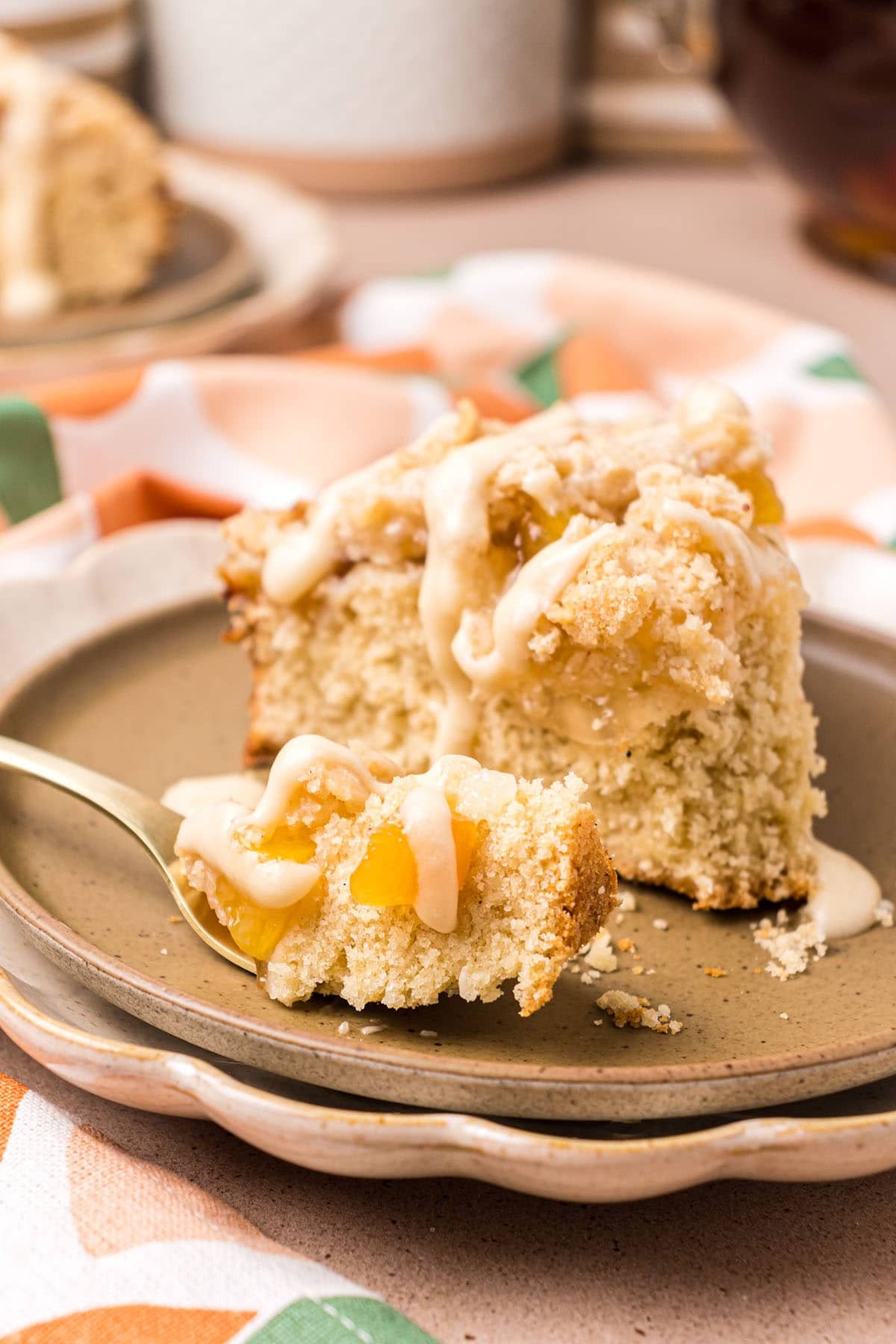 slice of coffee cake with a bite on a fork