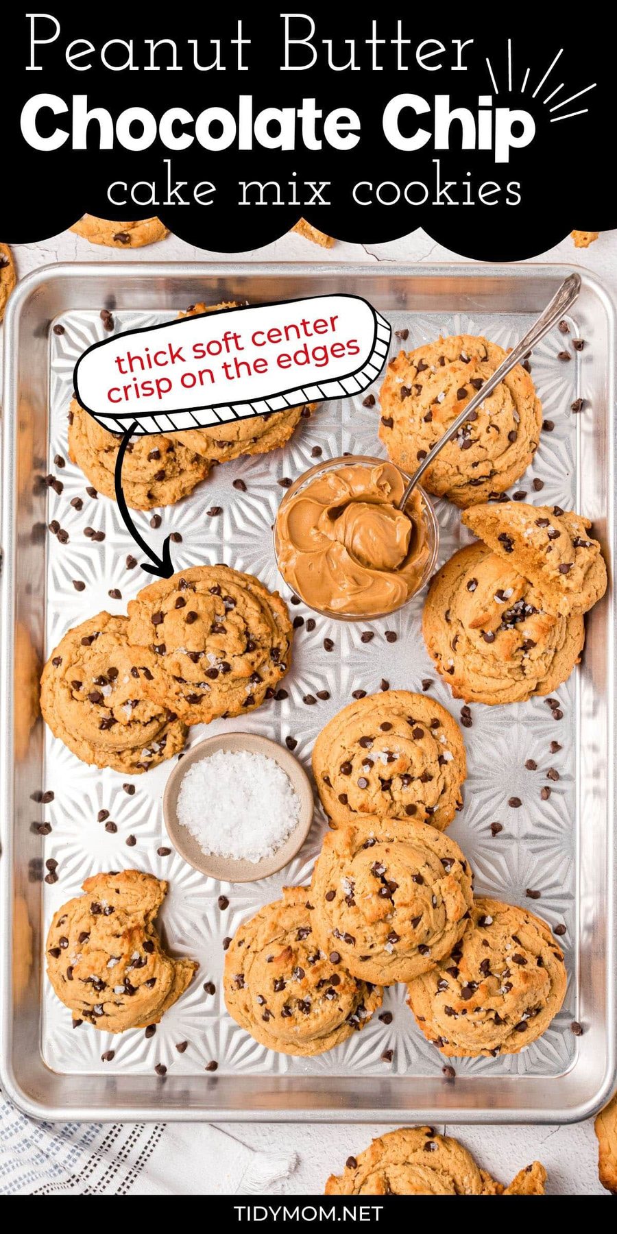 Peanut Butter Chocolate Chip Cake Mix Cookies on a pan