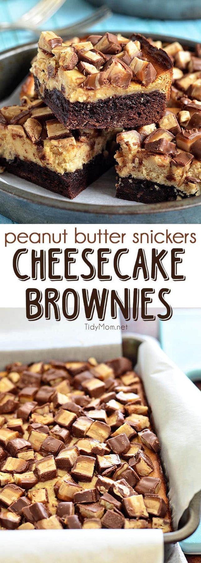 Peanut Butter Snickers Cheesecake Brownies absolutely sinful, just the way a brownie should be! Get the full printable recipe at cetcu.com