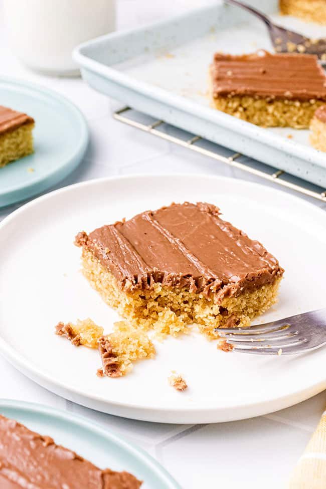 a piece of peanut butter sheet cake with chocolate frosting on a white plate