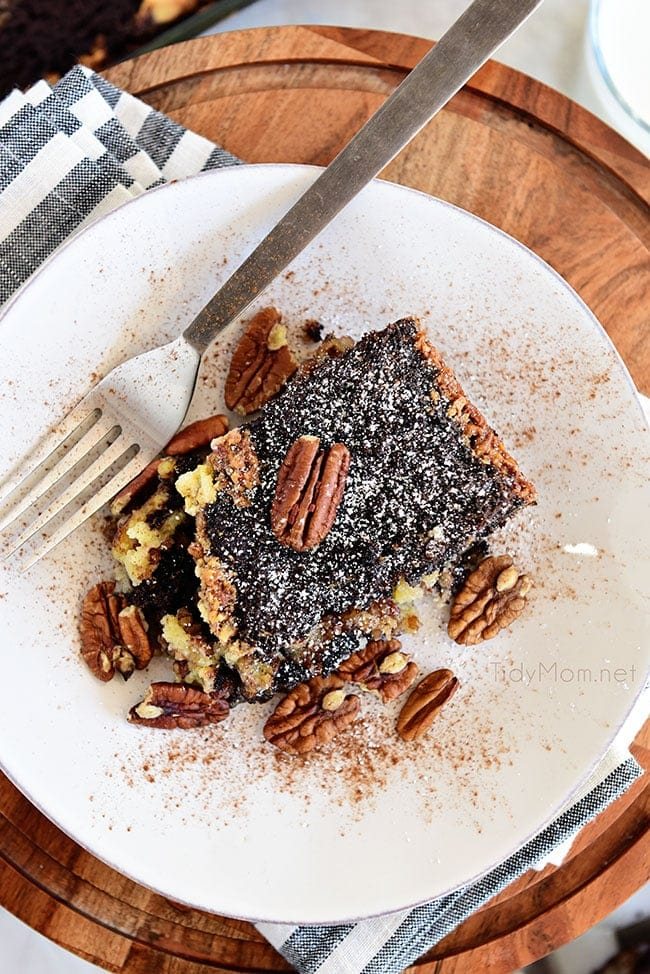 Pecan Pie Gooey Butter Cake on a plate with pecans
