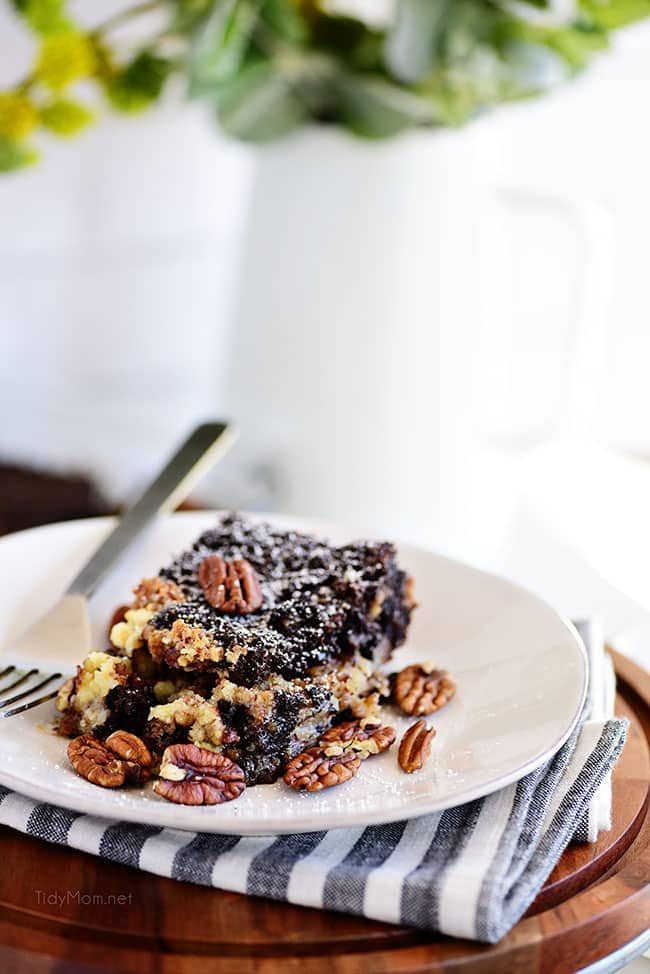 Chocolate Pecan Pie Gooey Butter Cake on a white plate with a fork