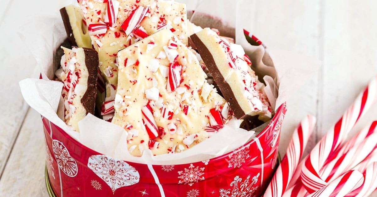 peppermint bark in tin with candy canes