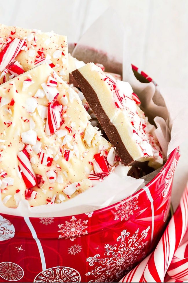 Homemade Holiday Chocolate Peppermint Bark in tin