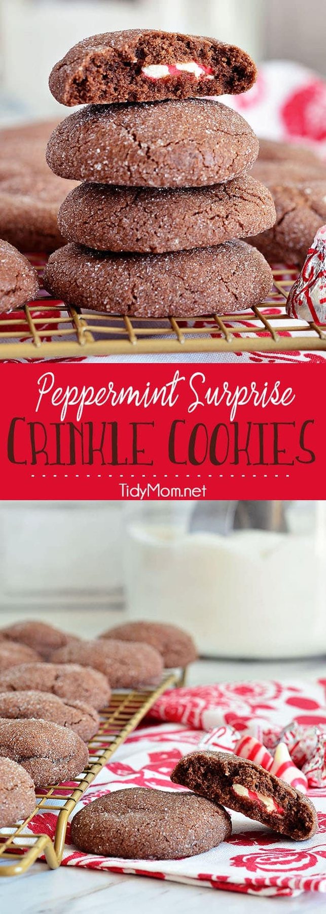 Super soft chocolate cookies hold a peppermint kiss in the center in these Peppermint Surprise Crinkle Cookies. Printable recipe at cetcu.com