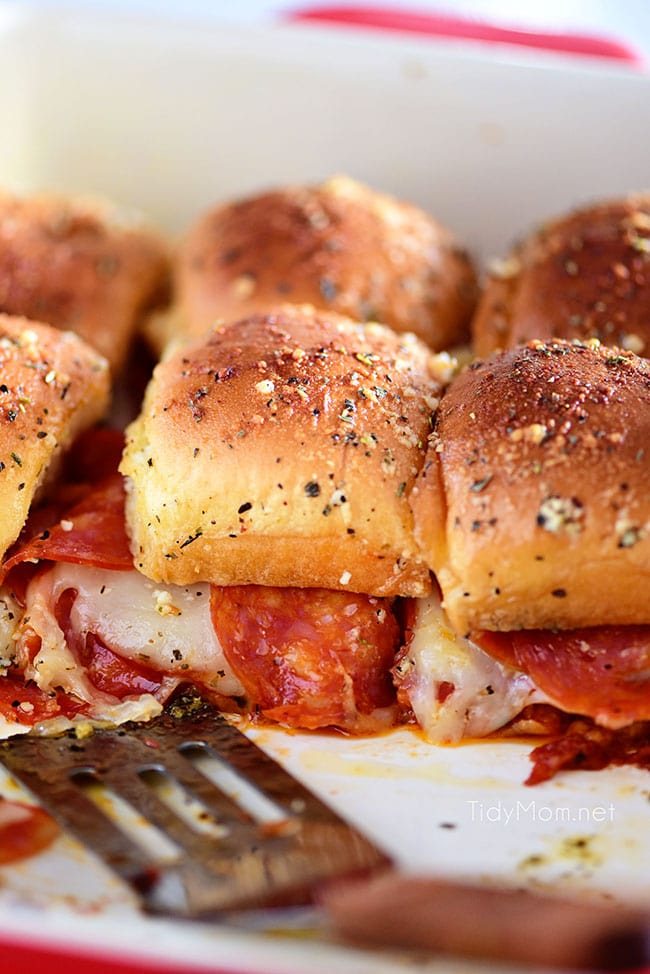 pan of three pepperoni Pizza Sliders