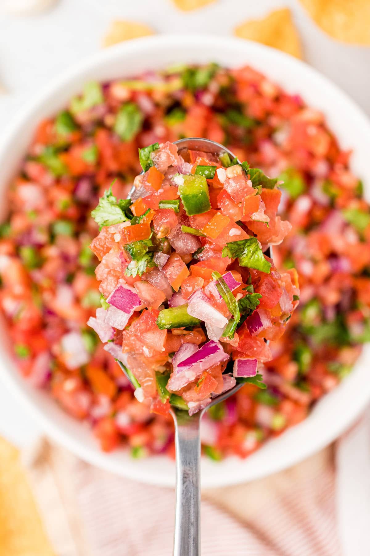 over head shot of a bowl of pico de gallo