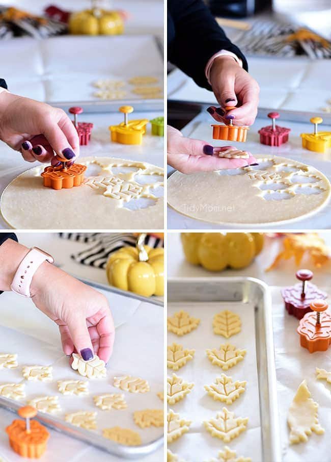 cutting out pie crust cookies from left over pie crust