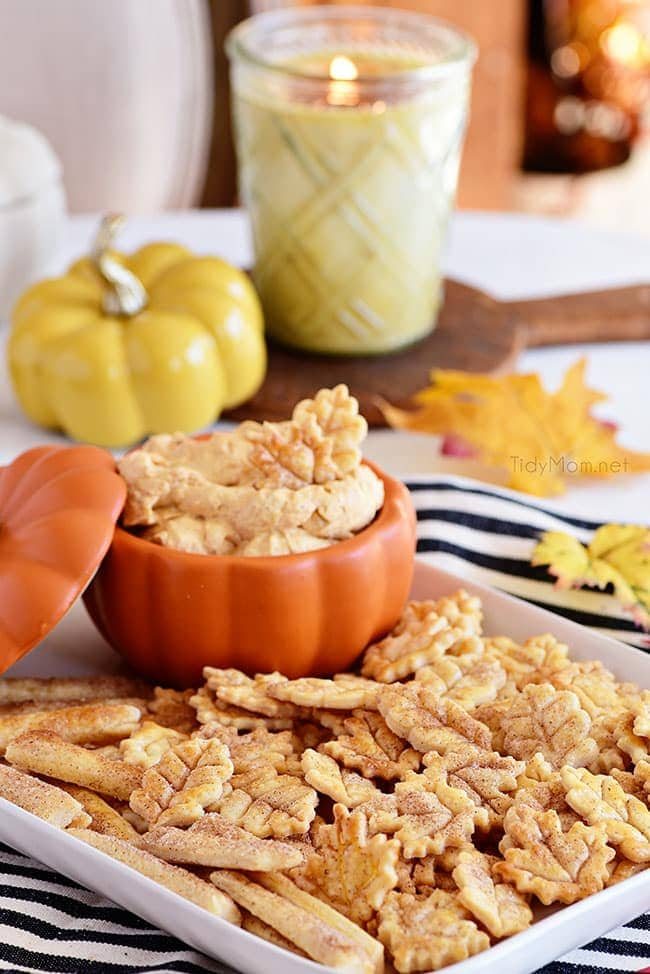 cinnamon and sugar pie crust cookies on platter with pumpkin fluff dip