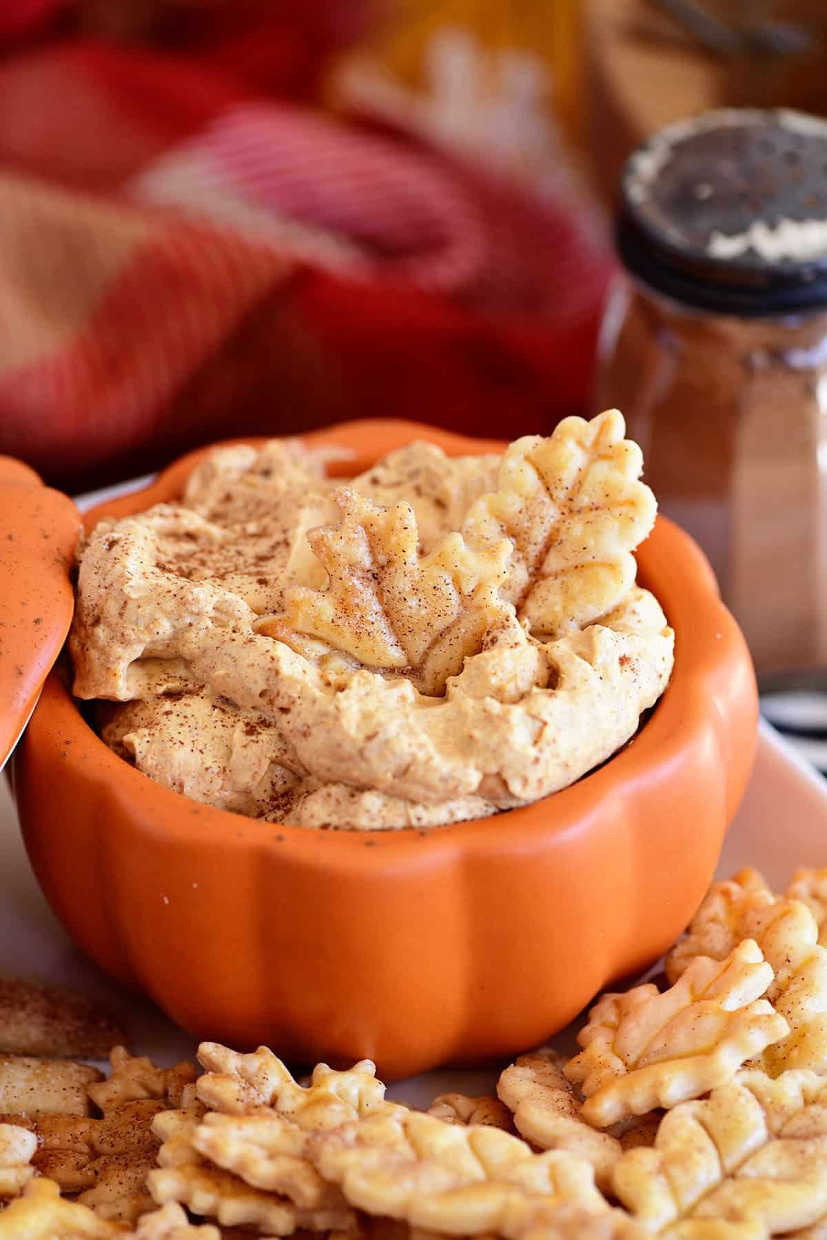 Pumpkin bowl with dip and pie crust cookies