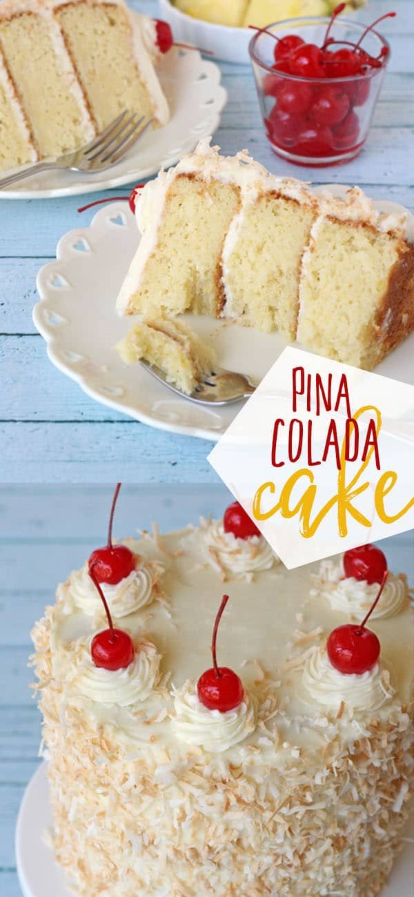 This Pina Colada Cake has all the flavors of the favorite frozen cocktail. One bite of the tropical dessert, a moist pineapple cake, paired with a rich coconut cream cheese frosting and you've escaped to paradise. Print this Pina Colada Cake recipe at cetcu.com