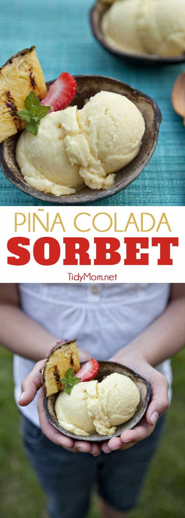 Homemade Pina Colada Sorbet is a perfect summer treat for those yearning for a tropical beach. It's a pineapple island sorbet spiked with a bit of coconut milk and rum for the big kids. Print the recipe at cetcu.com
