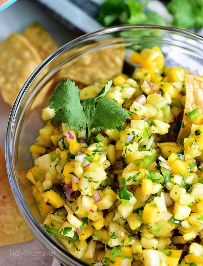 A tropical fruit salsa with a kick of jalapeno that will knock your socks off! This Pineapple Mango Salsa recipe is the perfect addition to any chicken, pork, fish, or tacos.