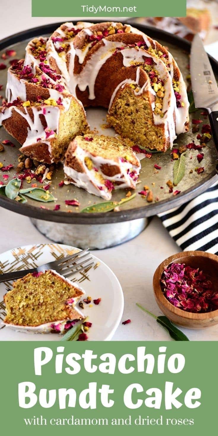 Pistachio Bundt Cake sliced and on a cake stand