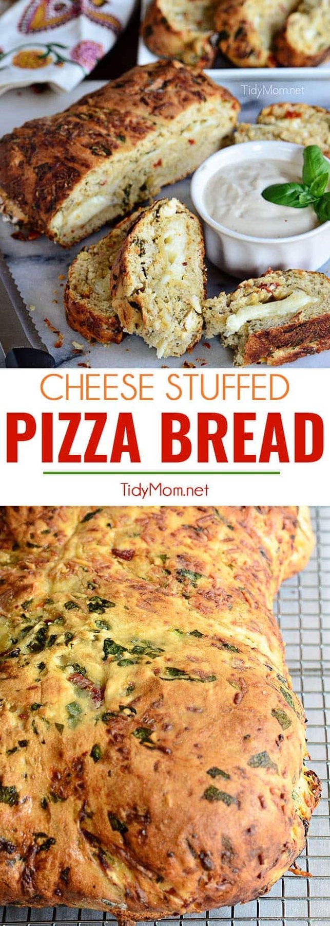 Pizza Bread is a twist on traditional pizza. Bread dough seasoned with chicken, fresh spinach, sun-dried tomatoes and stuffed with cheese. Served warm with Alfredo sauce. Print the full recipe at cetcu.com