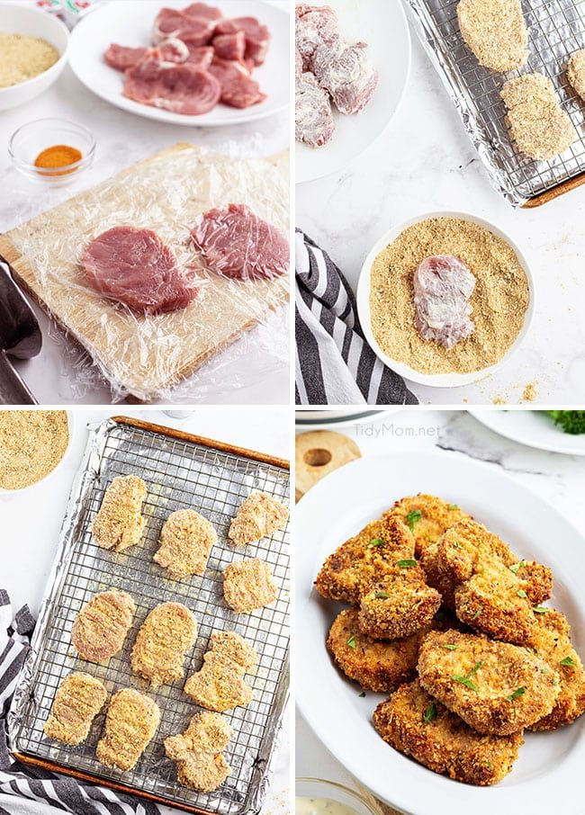 photo collage of how to make crispy pork medallions