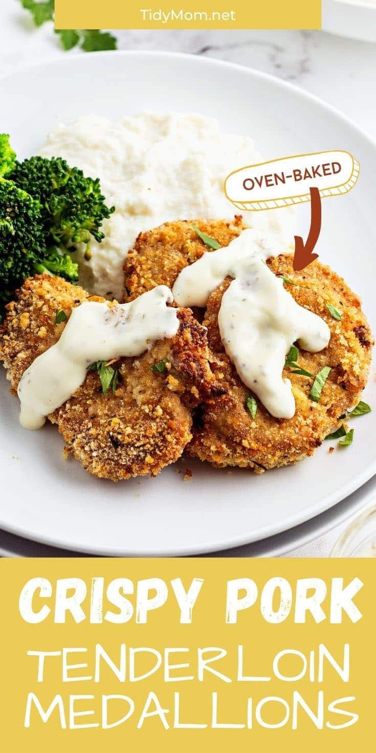 crispy pork medallions with ranch dressing on a white plate