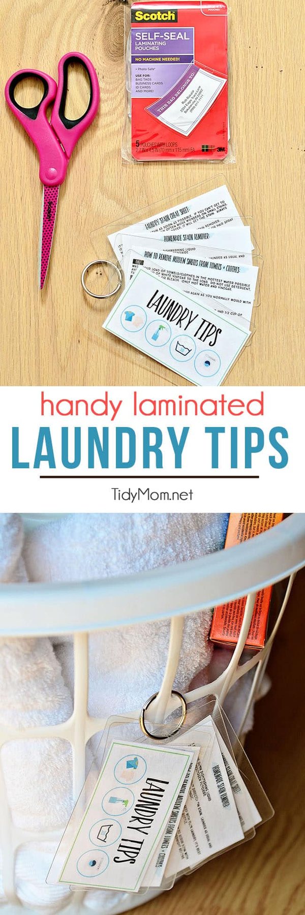Keep these handy laminated laundry tips at your fingertips. Download and print for free, keep on a ring to hang on basket or on a hook in the laundry room. Use Scotch Self-Seal Laminating pouches and Free Printable Laundry Tips at cetcu.com