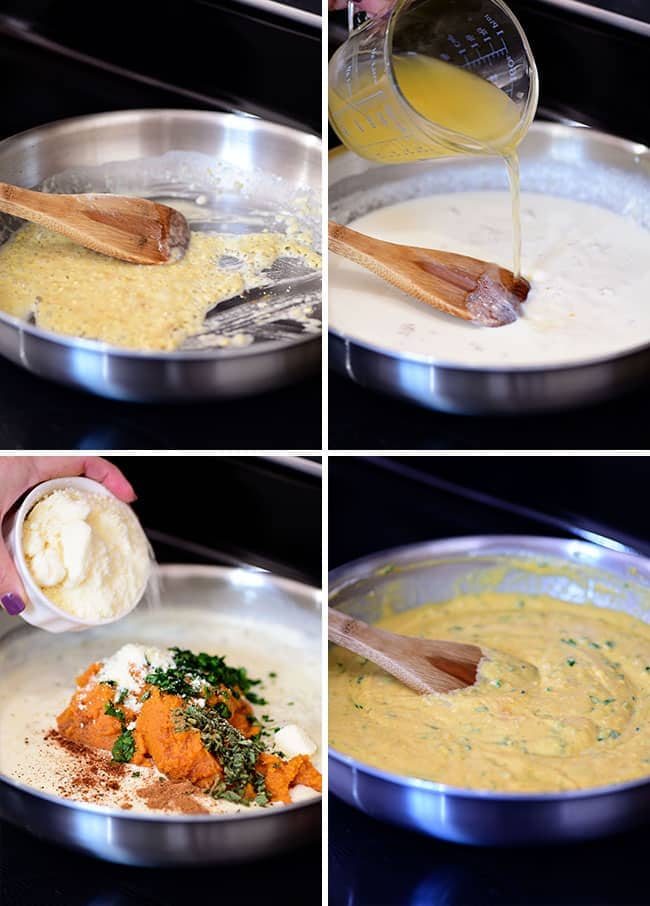 Pumpkin Alfredo sauce in pan on stove