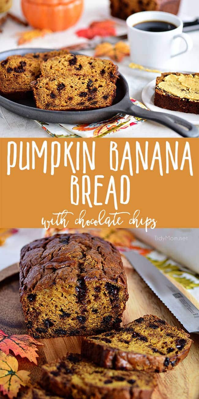 The aroma when this Chocolate Chip Pumpkin Banana Bread comes out of the oven is nothing short of heaven! This is the quick bread recipe every pumpkin spice lover needs! It’s perfect for dessert, breakfast, gifting or just snacking! Print the full recipe at cetcu.com #banana #pumpkin #bananabread #pumpkinbread #quickbread