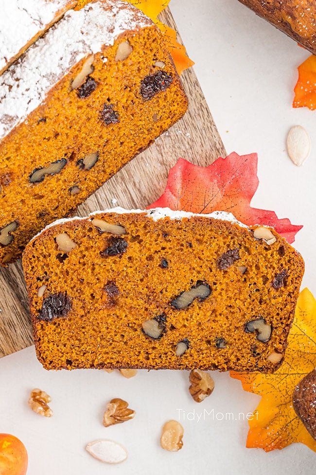 a piece of pumpkin bread sliced from the loaf