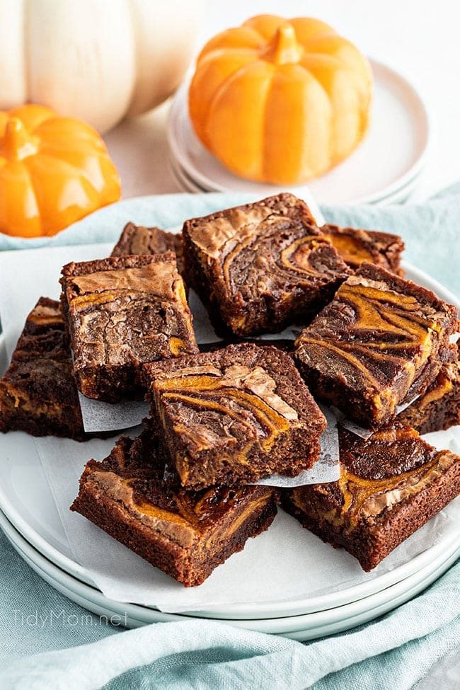 plate of cut pumpkin brownie squares